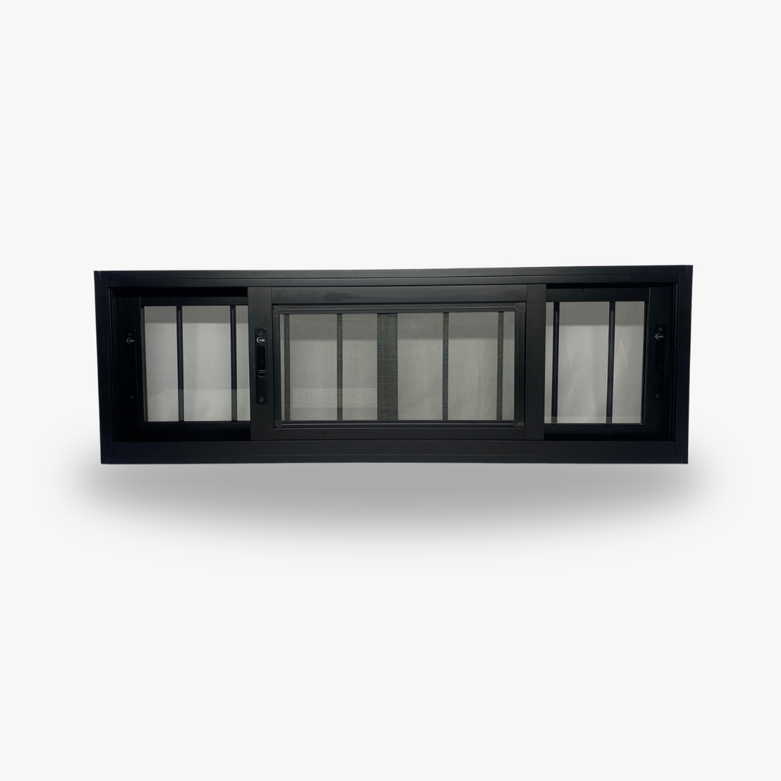 Janela de Correr Três Folhas - Preta com Tela Mosquiteira e Grade Embutida Linha Suprema