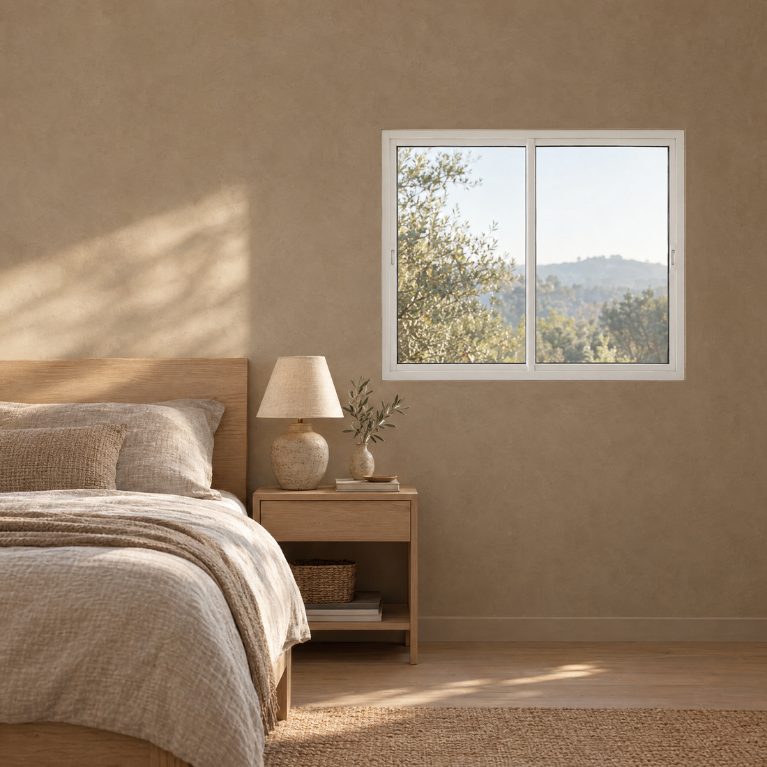 Janela de correr 2 folhas branca para quarto instalada em ambiente decorado, foto de ambiente ilustrativa