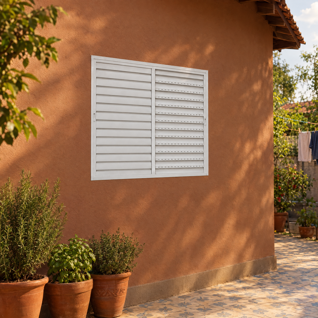 Janela veneziana ventilada 2 folhas branca instalada na fachada de uma casa, vista de fora, foto de ambiente ilustrativa