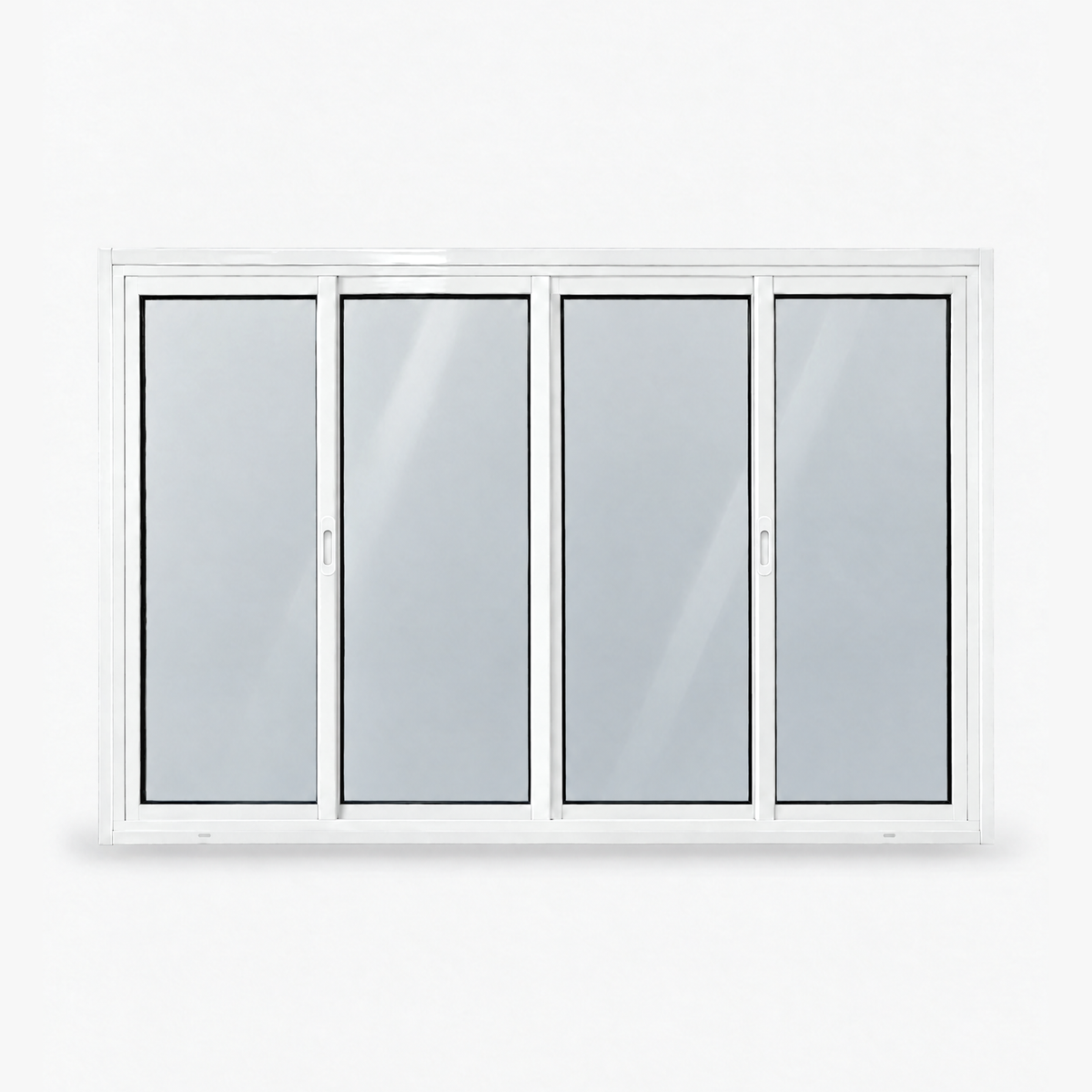 Janela 4 folhas branca com 2 fixas e 2 de correr, vista frontal, 150 × 100 cm (largura × altura), fundo branco