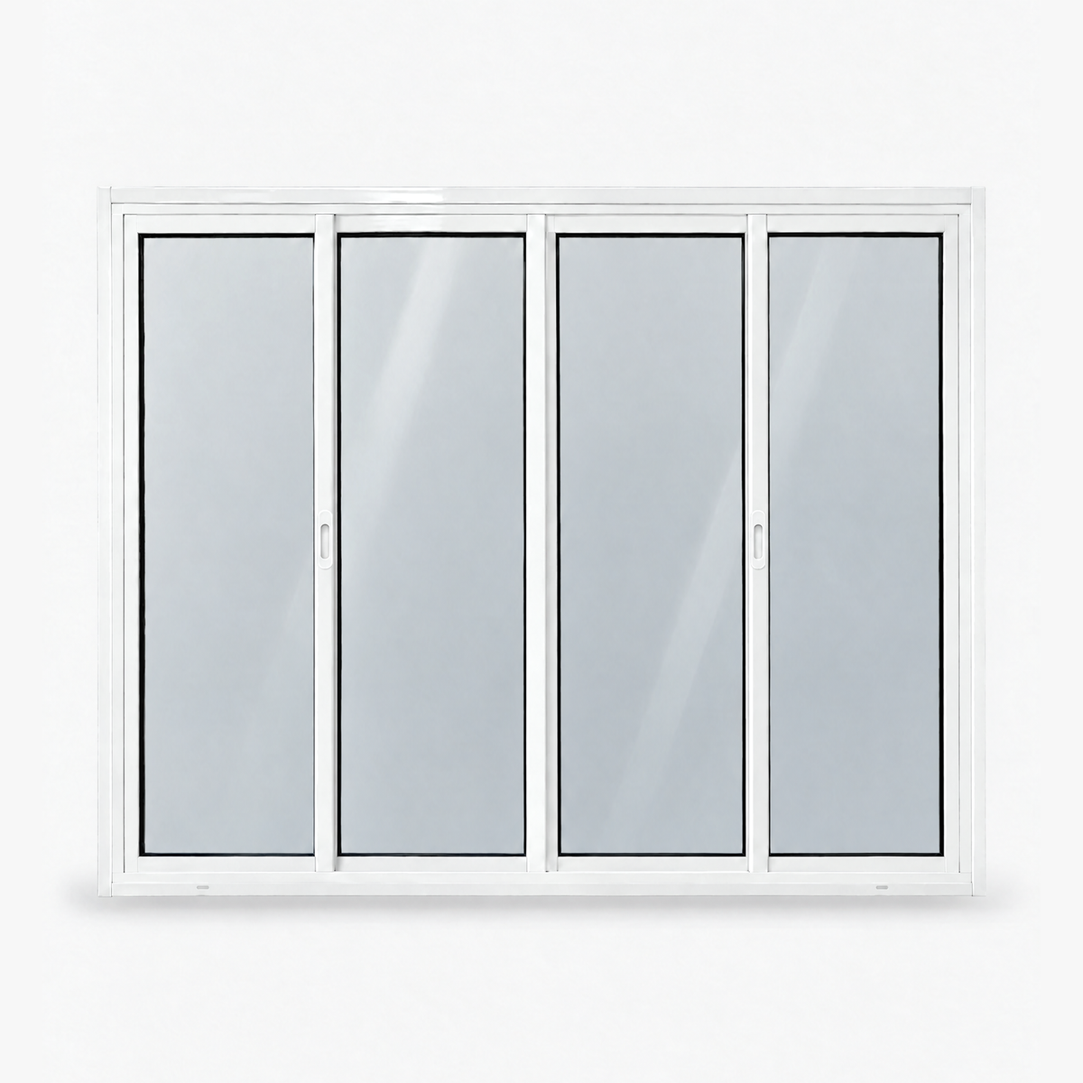 Janela 4 folhas branca com 2 fixas e 2 de correr, vista frontal, 150 × 120 cm (largura × altura), fundo branco
