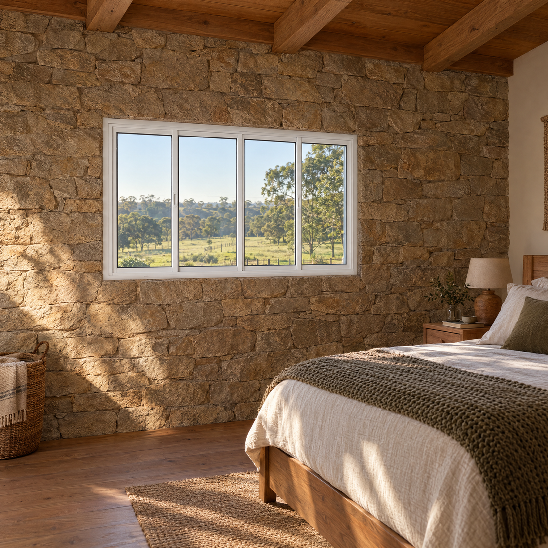 Janela 4 folhas branca com 2 fixas e 2 de correr, vista frontal, 120 × 100 cm (largura × altura), fundo branco