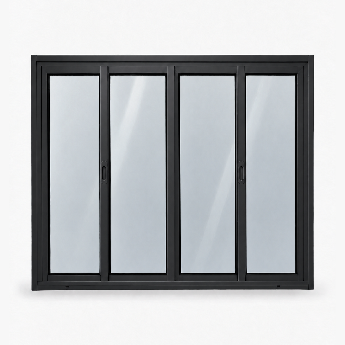 Janela 4 folhas preta com 2 fixas e 2 de correr, vista frontal, 120 × 100 cm (largura × altura), fundo branco