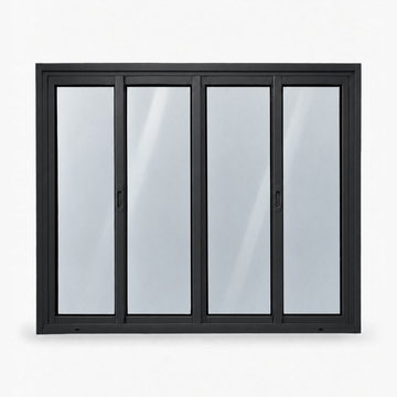 Janela 4 folhas preta com 2 fixas e 2 de correr, vista frontal, 120 × 100 cm (largura × altura), fundo branco