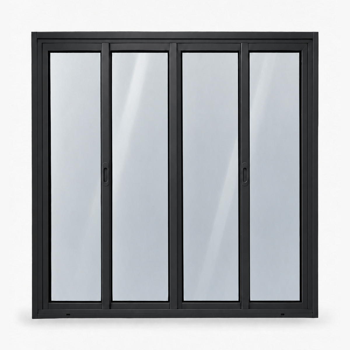Janela 4 folhas preta com 2 fixas e 2 de correr, vista frontal, 120 × 120 cm (largura × altura), fundo branco