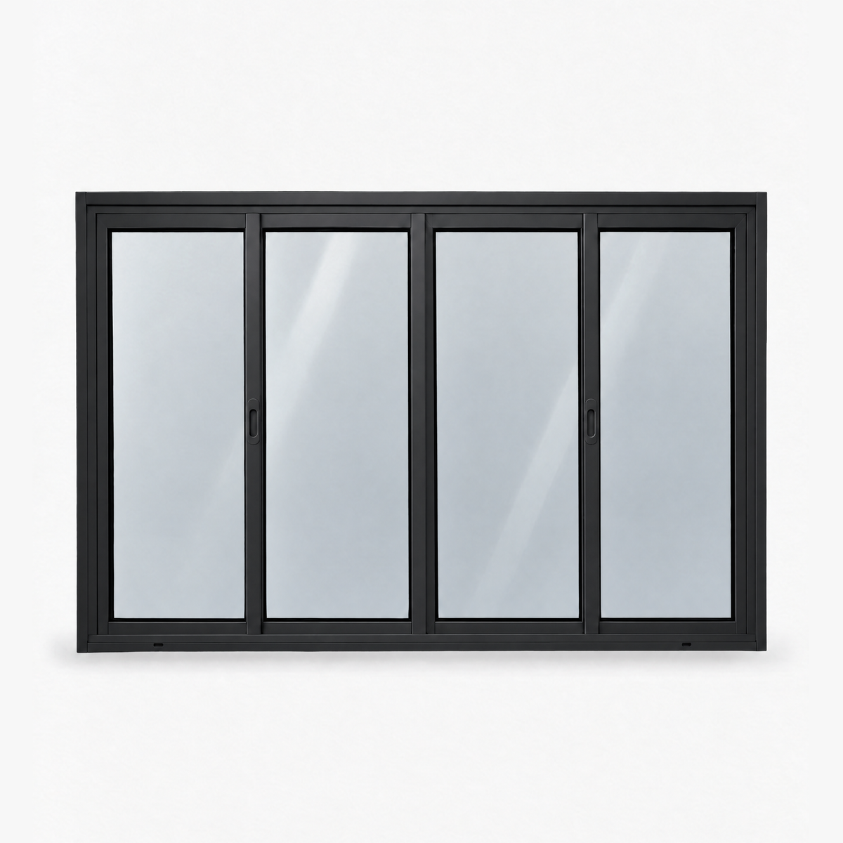 Janela 4 folhas preta com 2 fixas e 2 de correr, vista frontal, 150 × 100 cm (largura × altura), fundo branco
