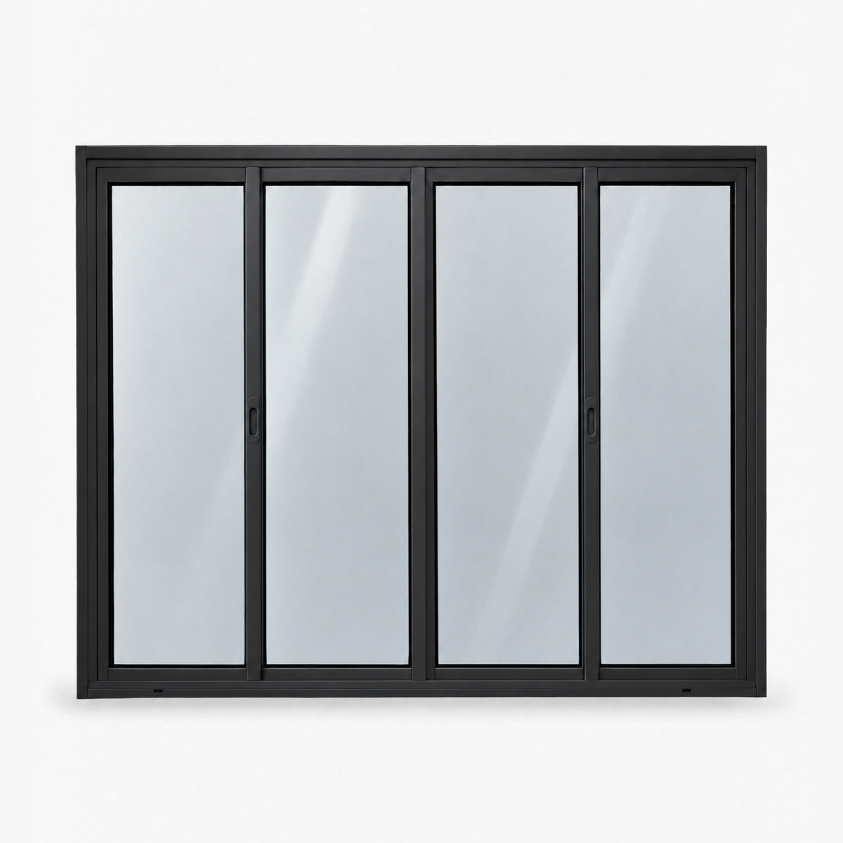 Janela 4 folhas preta com 2 fixas e 2 de correr, vista frontal, 150 × 120 cm (largura × altura), fundo branco