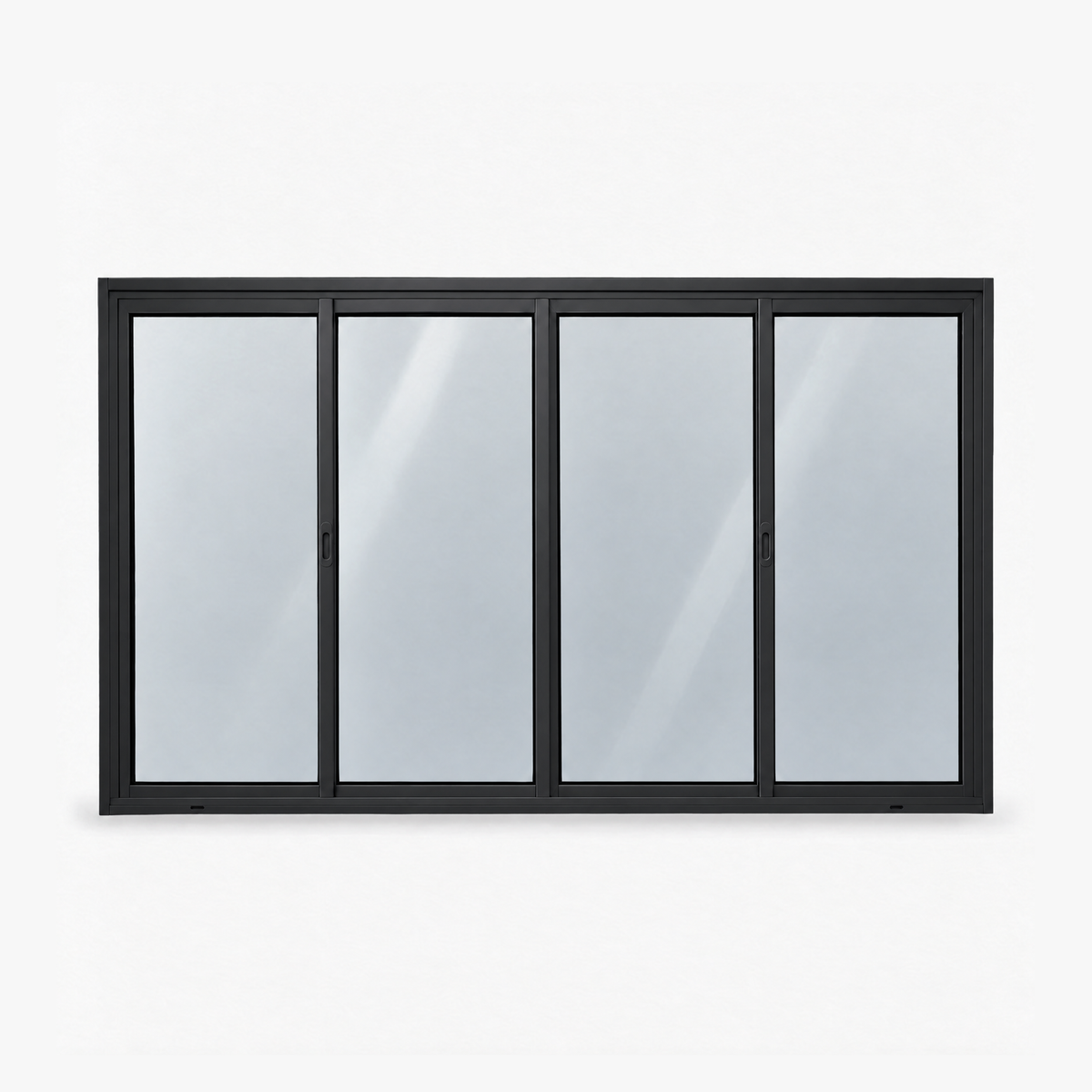 Janela 4 folhas preta com 2 fixas e 2 de correr, vista frontal, 200 × 120 cm (largura × altura), fundo branco