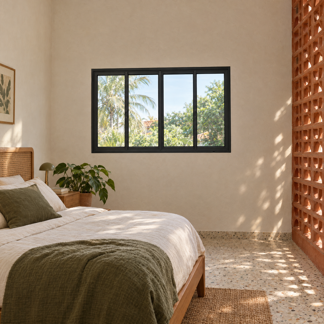Janela 4 folhas preta com 2 fixas e 2 de correr, vista frontal, 120 × 100 cm (largura × altura), fundo branco