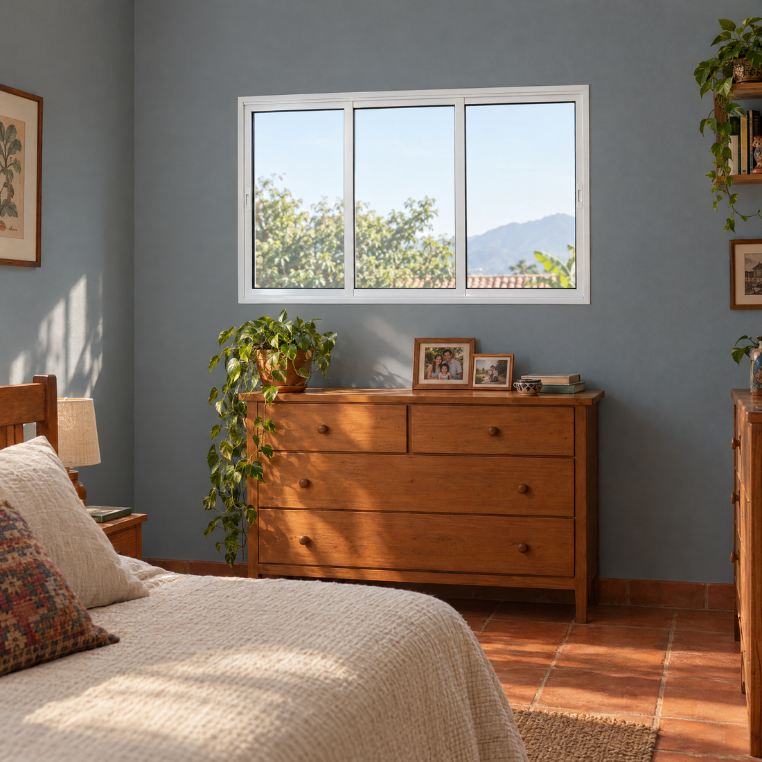 Janela de correr 3 folhas branca para quarto, vista frontal, 120 × 100 cm (largura × altura), fundo branco