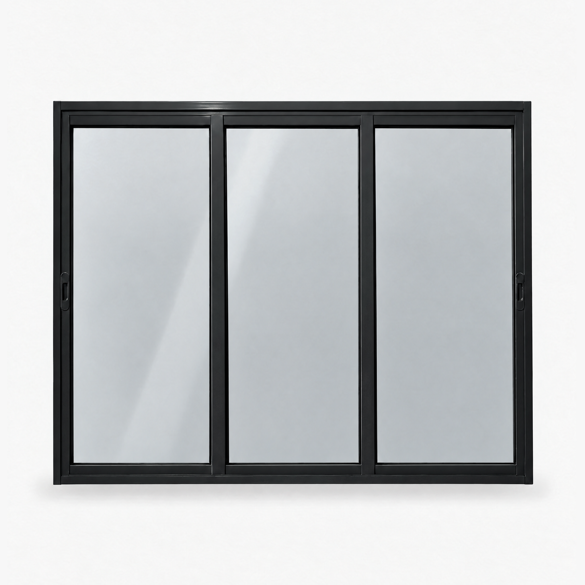 Janela de correr 3 folhas preta para quarto, vista frontal, 150 × 120 cm (largura × altura), fundo branco