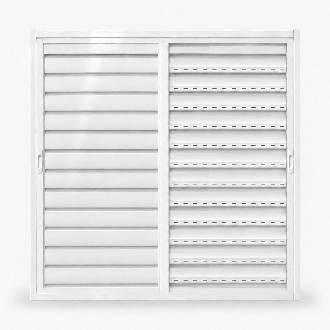 Janela veneziana ventilada 2 folhas branca, vista frontal, 100 × 100 cm (largura × altura), fundo branco