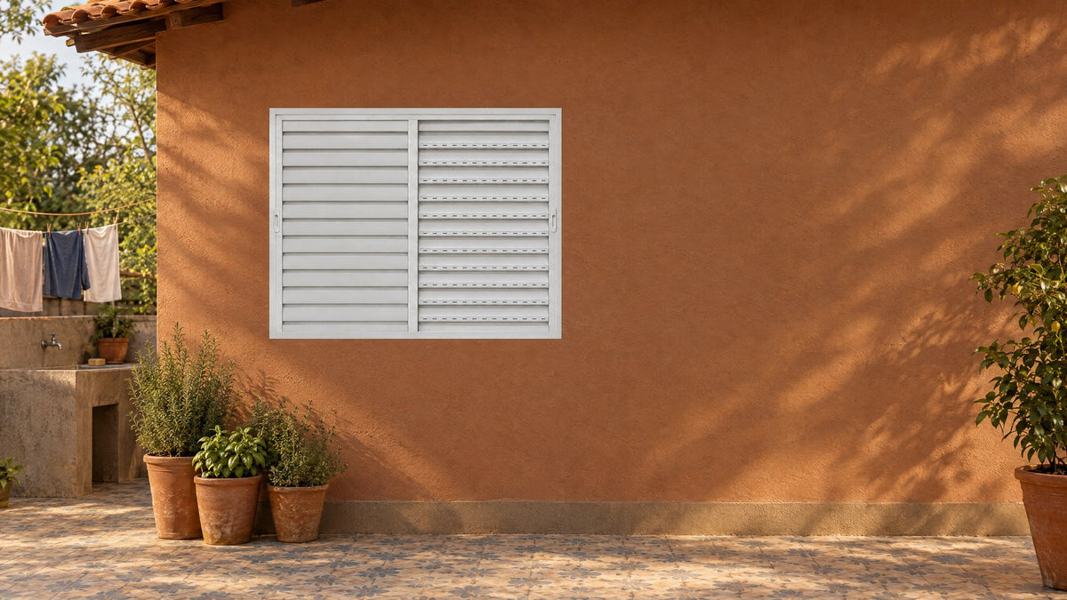 Cena ilustrativa: janela veneziana ventilada 2 folhas branca instalada na área de serviço