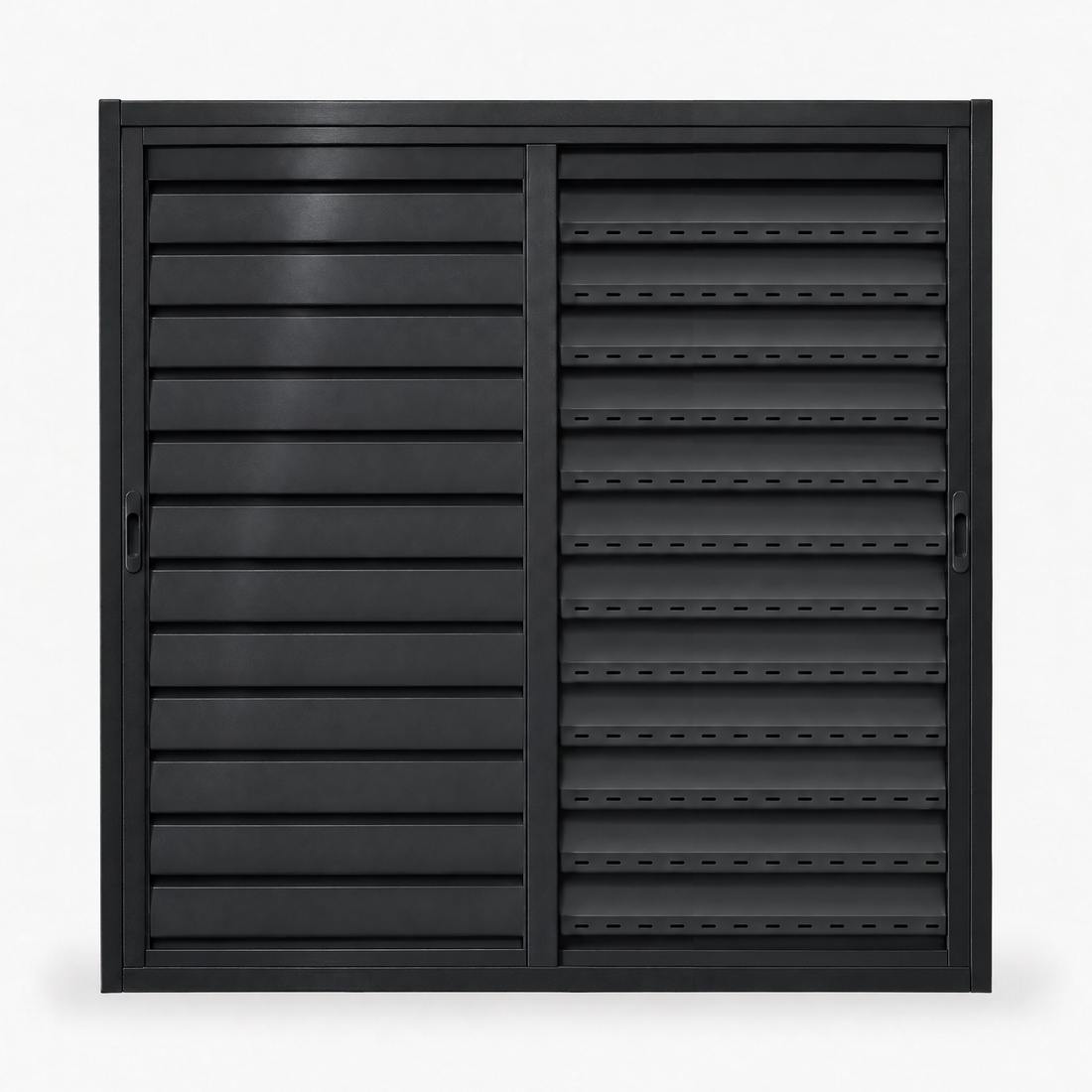 Janela veneziana ventilada 2 folhas preta, vista frontal, 100 × 100 cm (largura × altura), fundo branco