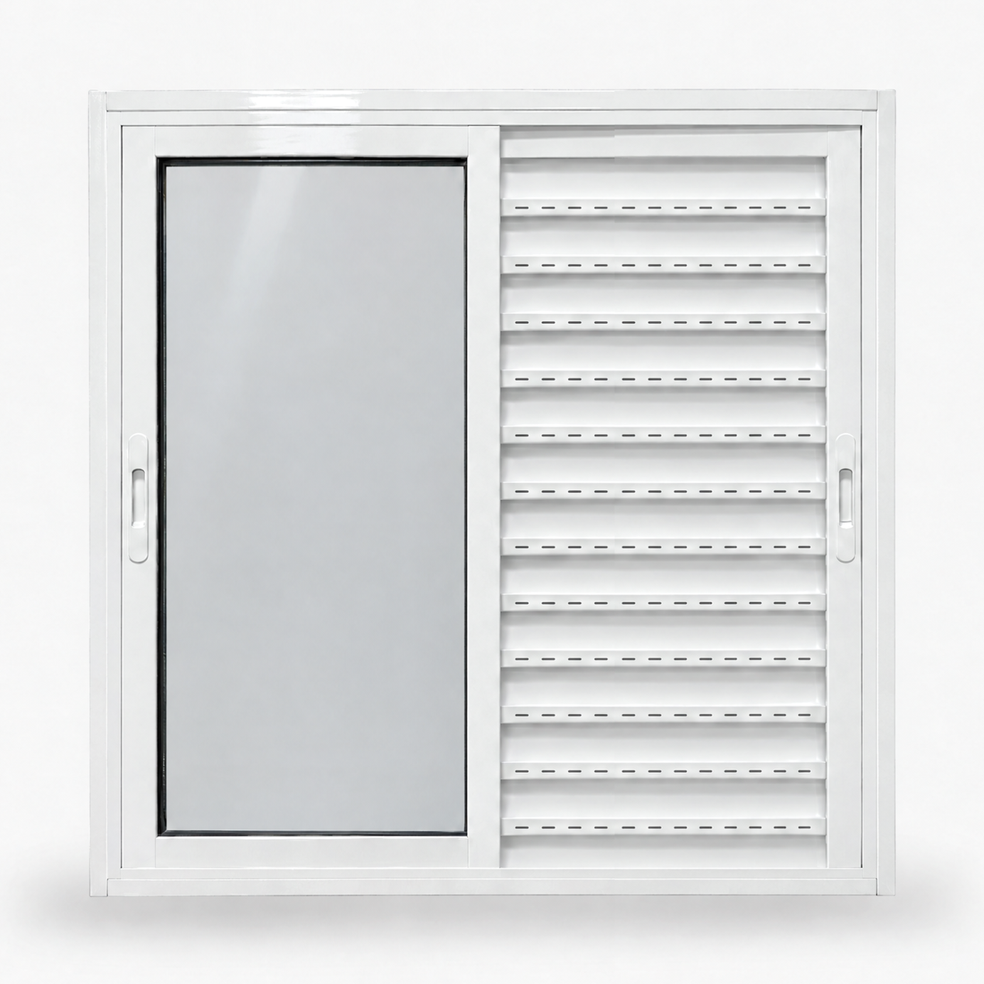 Janela veneziana 3 folhas branca, vista frontal, 100 × 100 cm (largura × altura), fundo branco