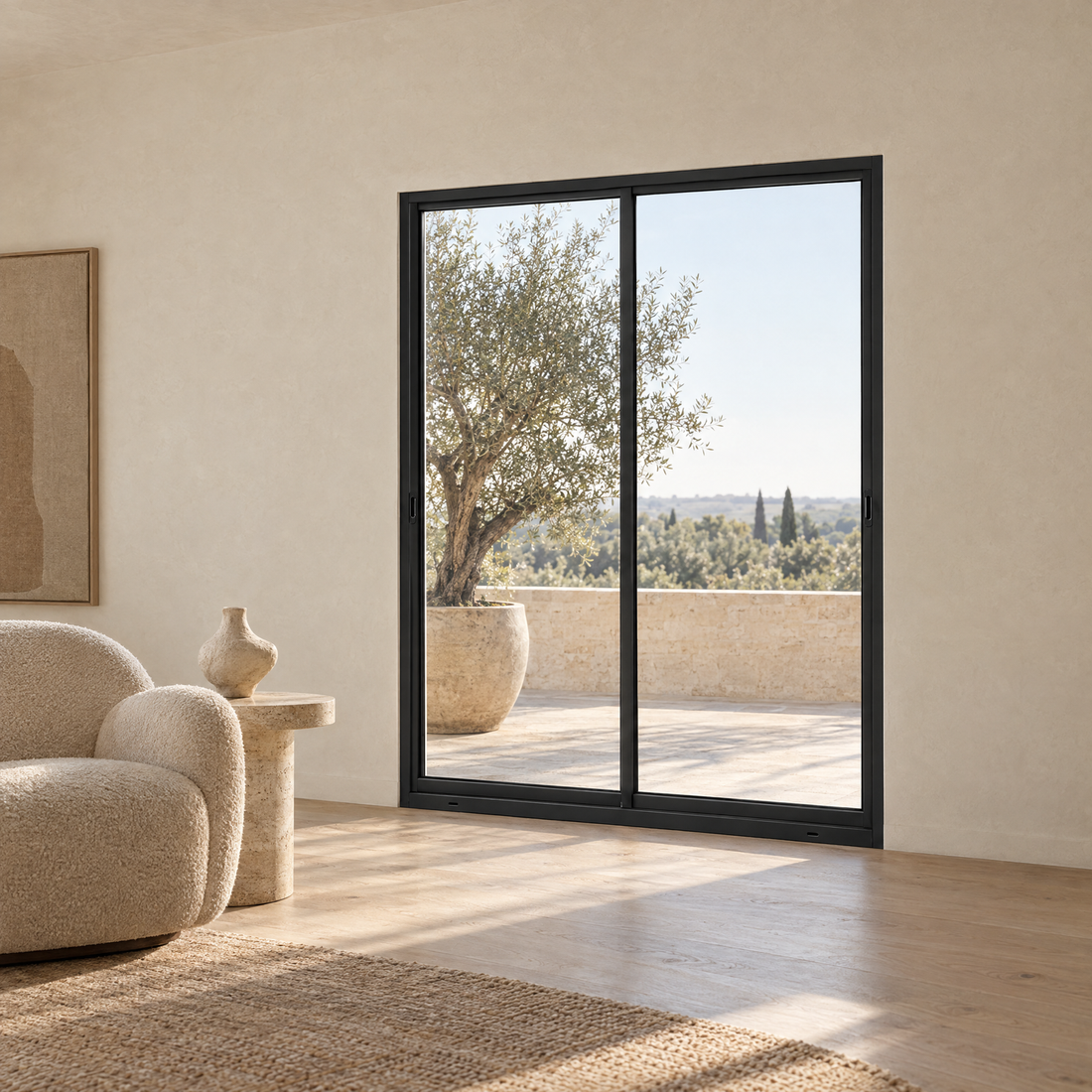 Porta de correr 2 folhas preta, vista frontal, 120 × 210 cm (largura × altura), fundo branco