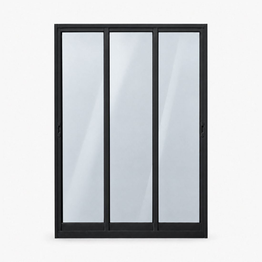 Porta de correr 3 folhas preta, vista frontal, 150 × 210 cm (largura × altura), fundo branco