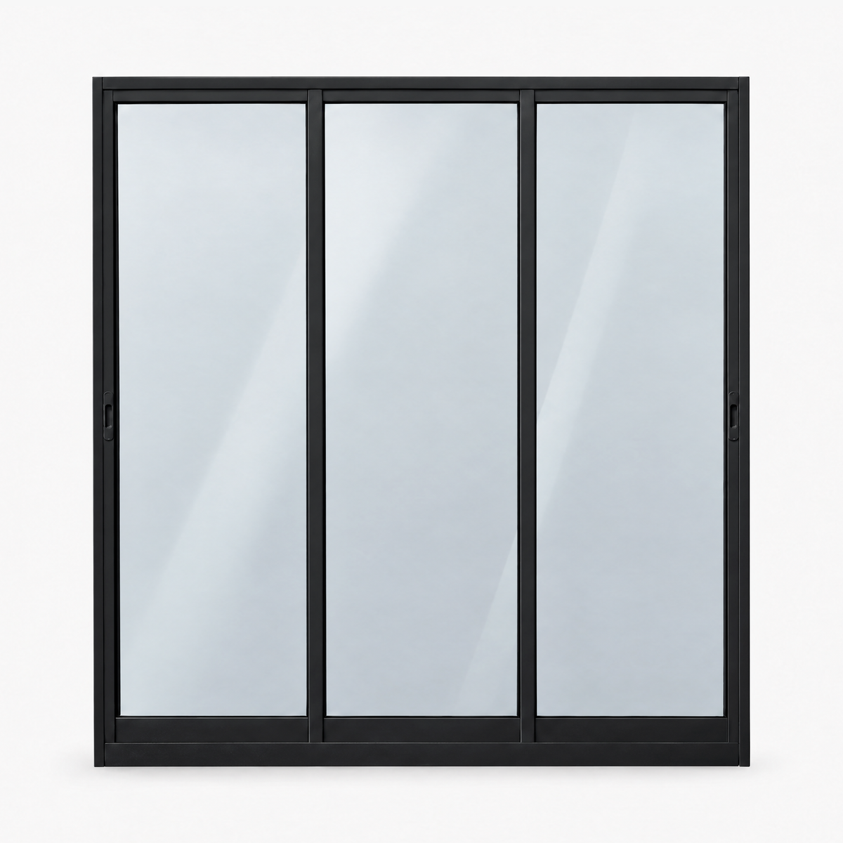 Porta de correr 3 folhas preta, vista frontal, 200 × 210 cm (largura × altura), fundo branco