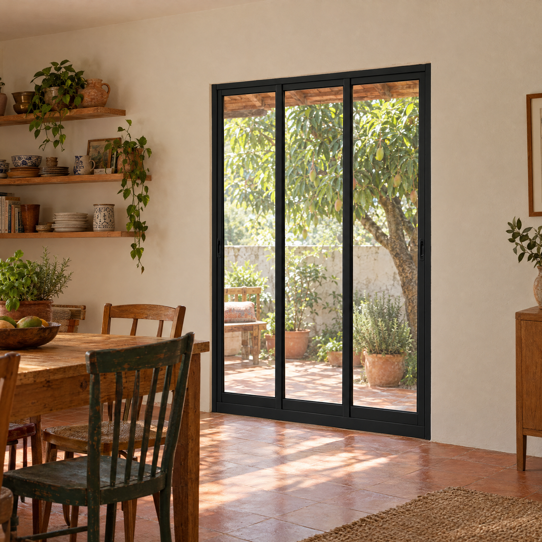 Porta de correr 3 folhas preta, vista frontal, 150 × 210 cm (largura × altura), fundo branco
