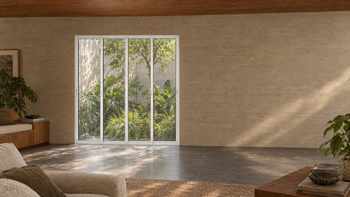 Cena ilustrativa: porta de correr 4 folhas branca com 2 fixas instalada na sala, com saída para o jardim