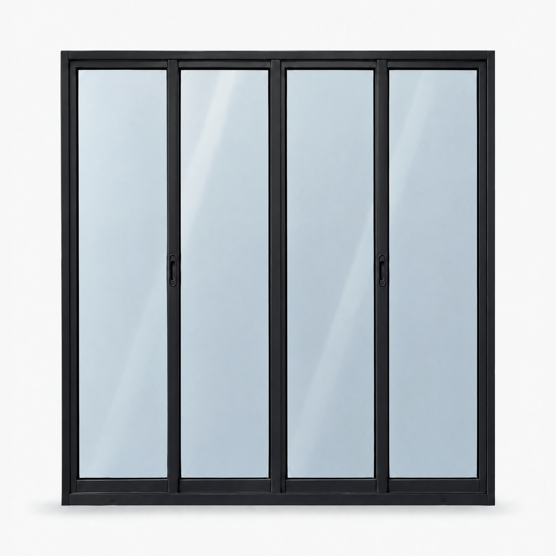 Porta de correr 4 folhas preta com 2 fixas, vista frontal, 200 × 210 cm (largura × altura), fundo branco