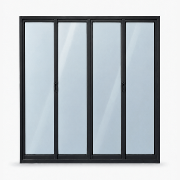 Porta de correr 4 folhas preta com 2 fixas, vista frontal, 200 × 210 cm (largura × altura), fundo branco