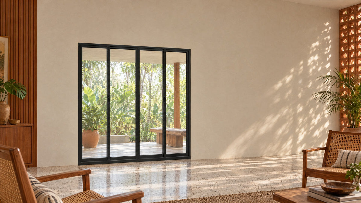 Cena ilustrativa: porta de correr 4 folhas preta com 2 fixas instalada na sala, com saída para o jardim