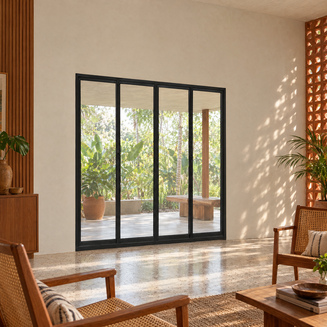 Porta de correr 4 folhas preta com 2 fixas, vista frontal, 200 × 210 cm (largura × altura), fundo branco