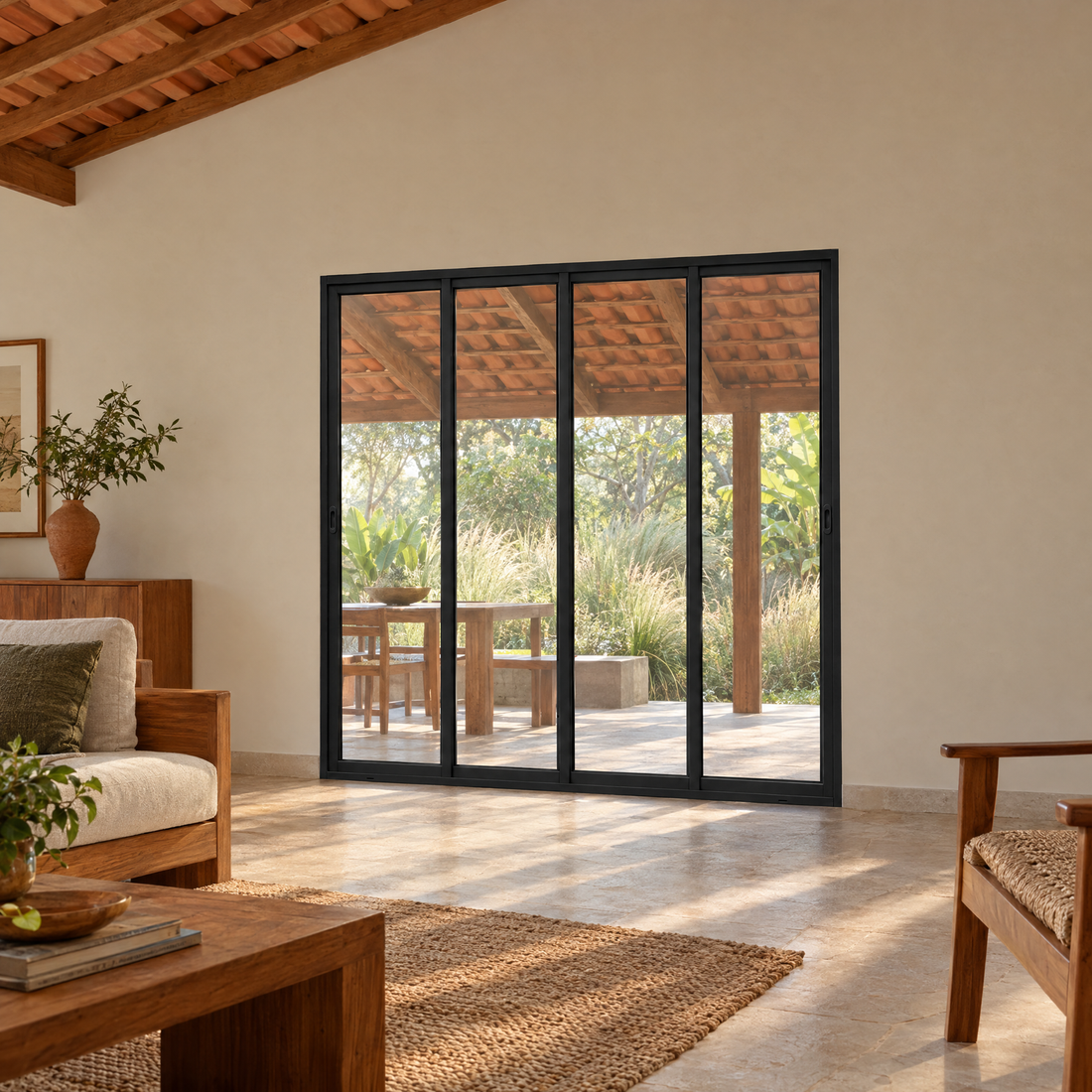 Porta de correr 4 folhas preta, todas de correr, vista frontal, 200 × 210 cm (largura × altura), fundo branco