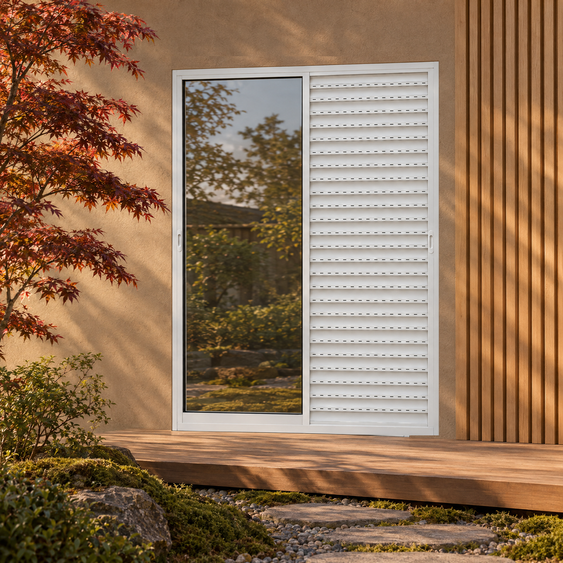 Porta veneziana 3 folhas branca, vista frontal, 150 × 210 cm (largura × altura), fundo branco