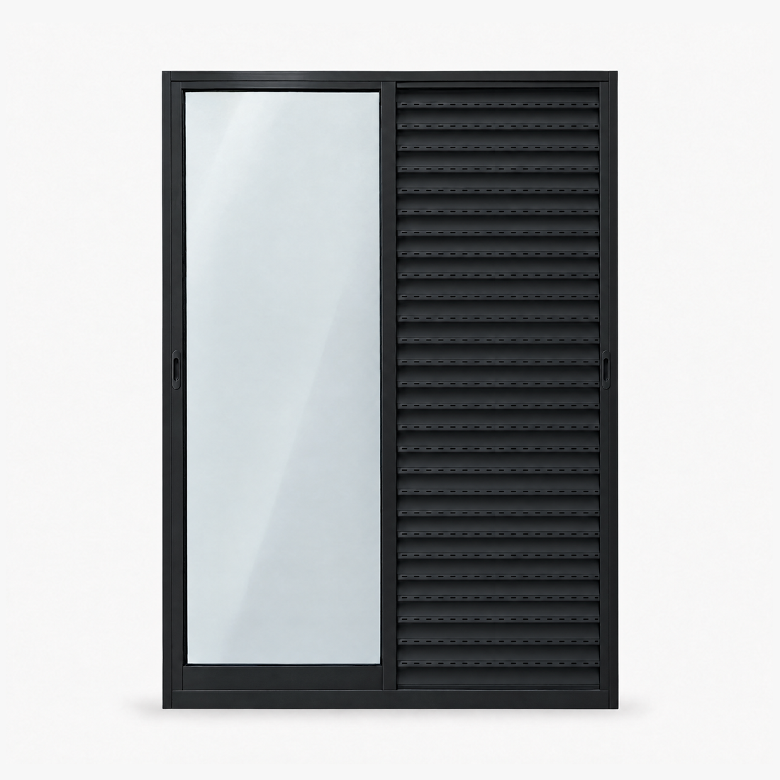 Porta veneziana 3 folhas preta, vista frontal, 150 × 210 cm (largura × altura), fundo branco