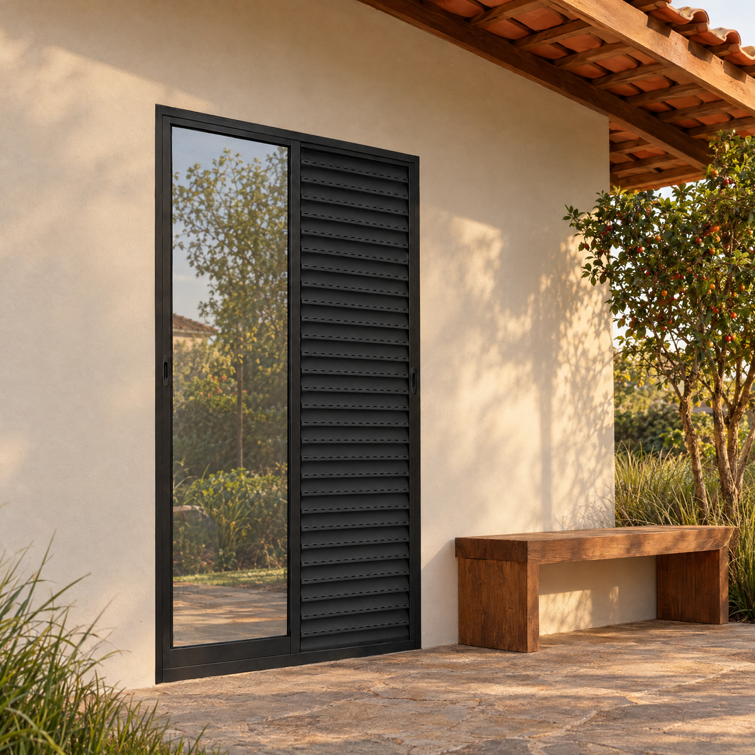Porta veneziana 3 folhas preta, vista frontal, 150 × 210 cm (largura × altura), fundo branco