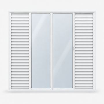 Porta veneziana 6 folhas branca, vista de dentro: 2 vidros temperados que correm e fecham no centro e 2 venezianas fechadas fixas nas laterais; foto ilustrativa da medida 210 × 200 cm (altura × largura)
