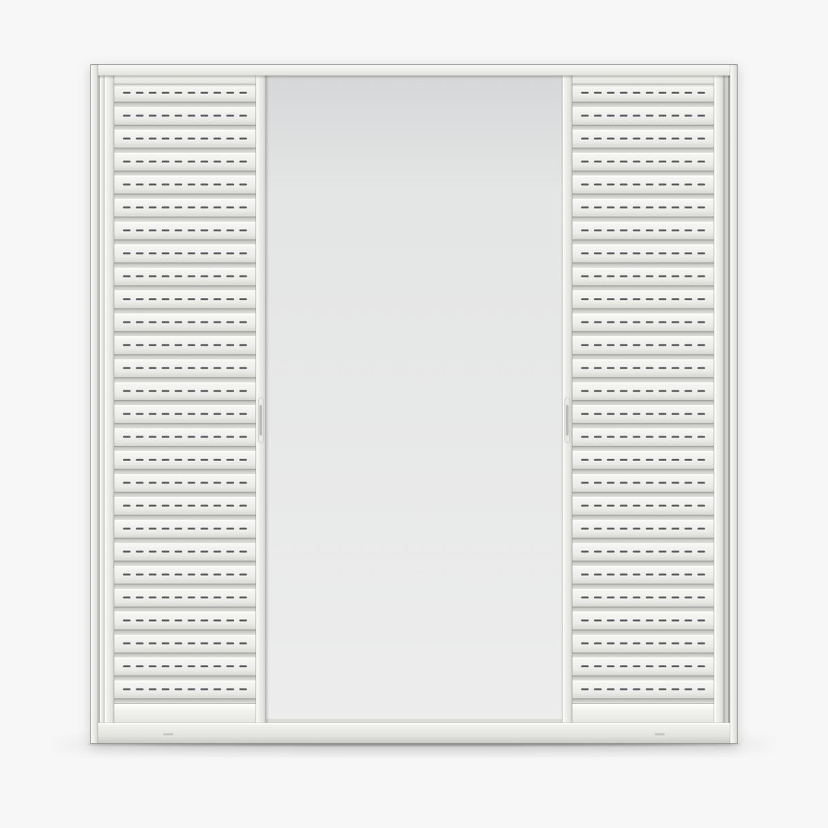 Porta veneziana 6 folhas branca em desenho, aberta, com as venezianas por fora dos vidros e o centro livre