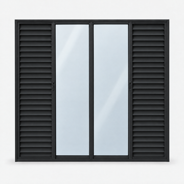 Porta veneziana 6 folhas preta, vista de dentro: 2 vidros temperados que correm e fecham no centro e 2 venezianas fechadas fixas nas laterais; foto ilustrativa da medida 210 × 200 cm (altura × largura)