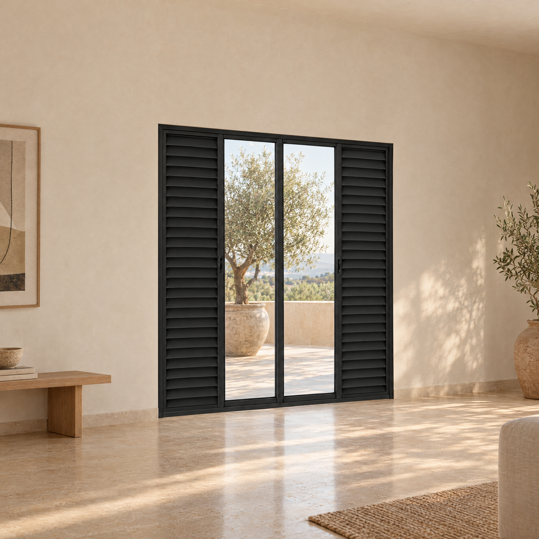 Porta veneziana 6 folhas preta, vista de dentro: 2 vidros temperados que correm e fecham no centro e 2 venezianas fechadas fixas nas laterais; foto ilustrativa da medida 210 × 200 cm (altura × largura)